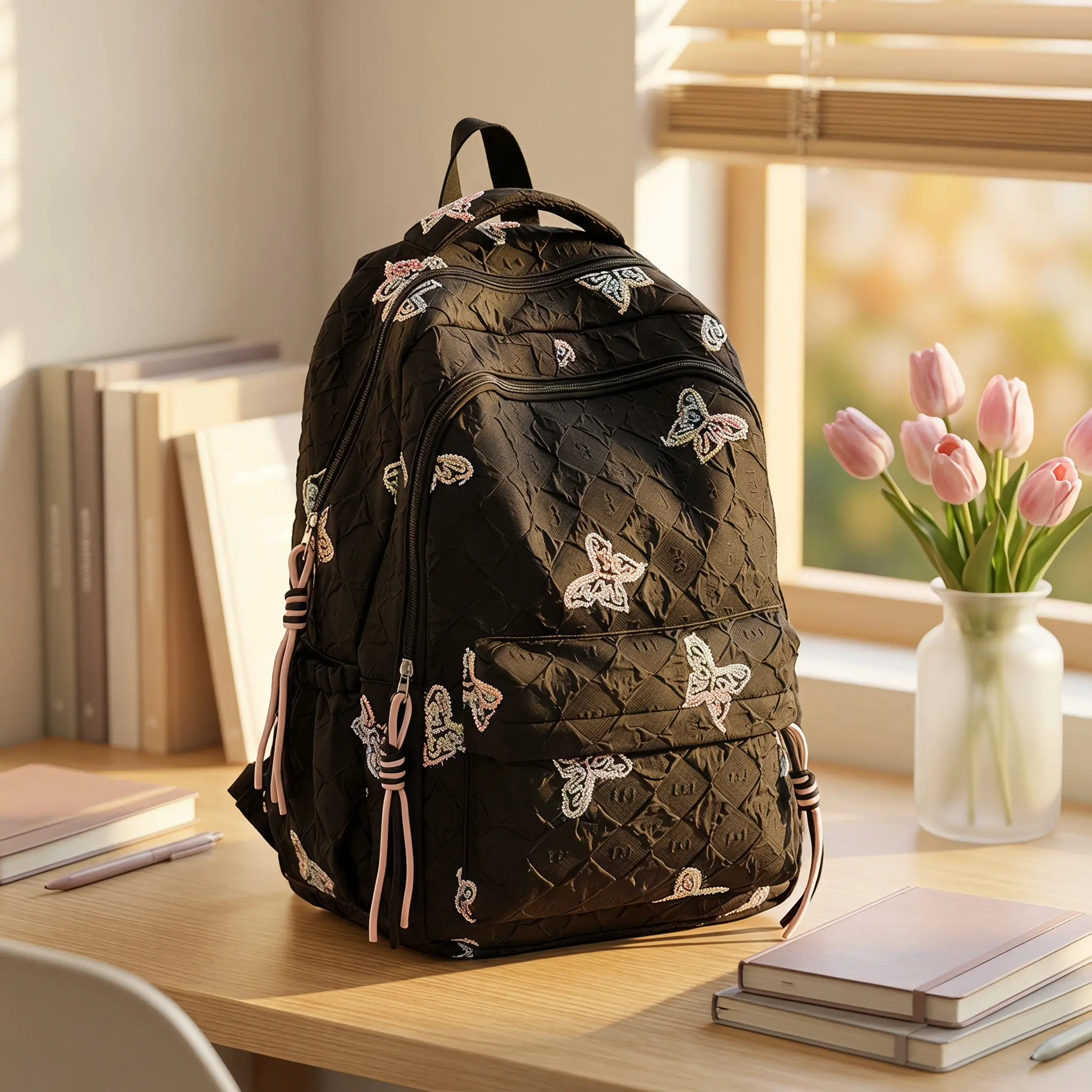 Chic Candy Backpack for Women with Butterfly Stitching, Breathable Nylon Travel Daypack with Zipper, Fits 14 Inch Laptop 20-35L, Daily Commute