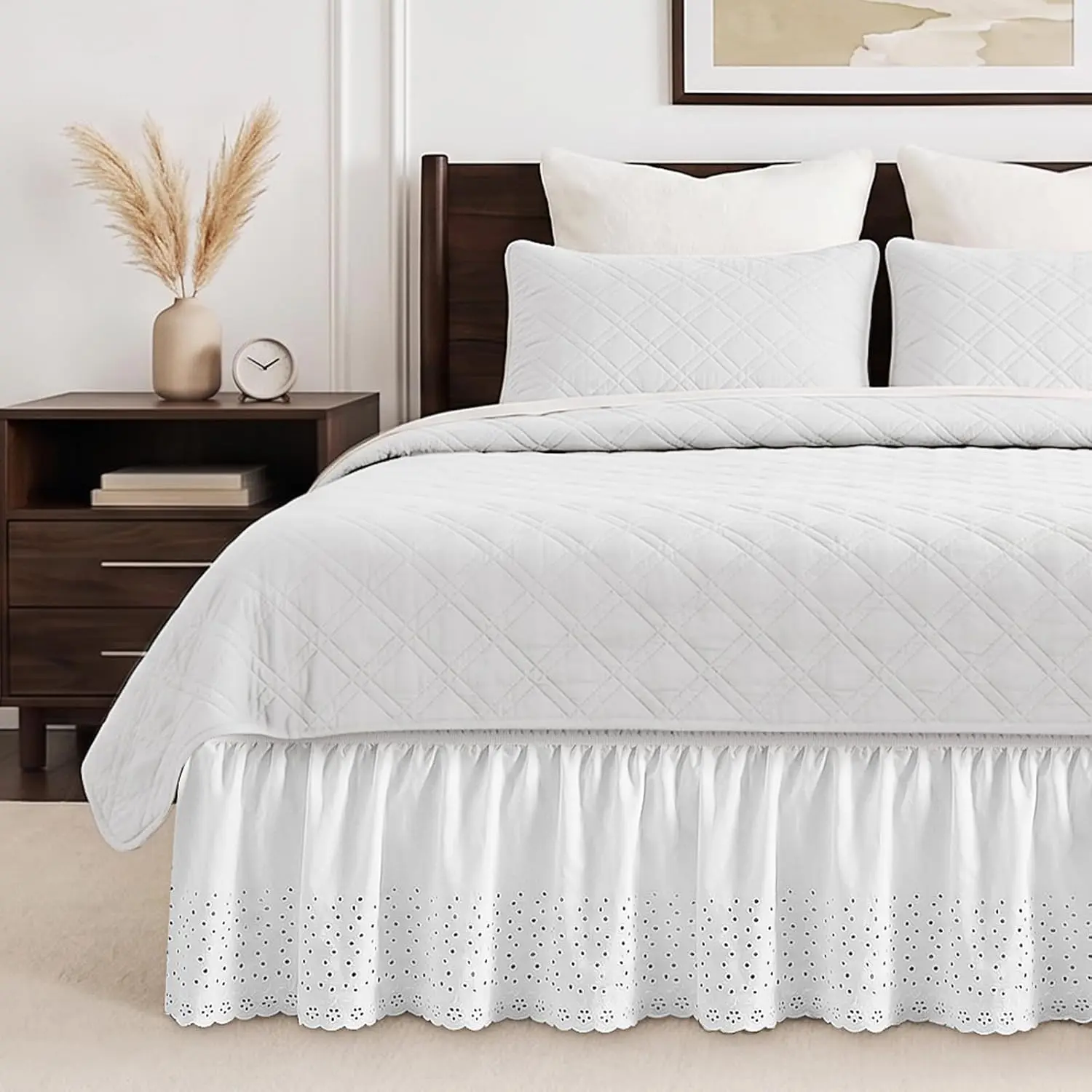 White Eyelet Queen Size Bed Skirt - 14 in Drop Elastic Wrap-Around Dust Ruffle with Embroidered Scalloped Edge, Easy to Put On for Queen Bed Frame & Mattress