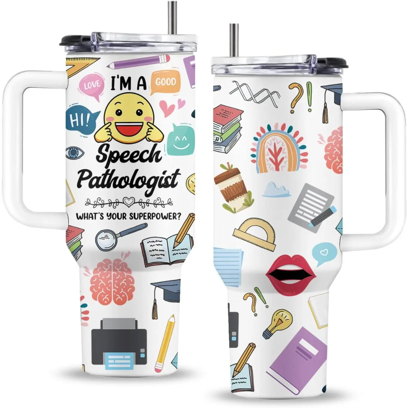 40oz Insulated Speech Language Printed Reusable Vacuum Flask Set, Portable Leakproof Mug with Handle, Straw & Lid, Speech Pathologist Drinkware for Thanksgiving Gifts