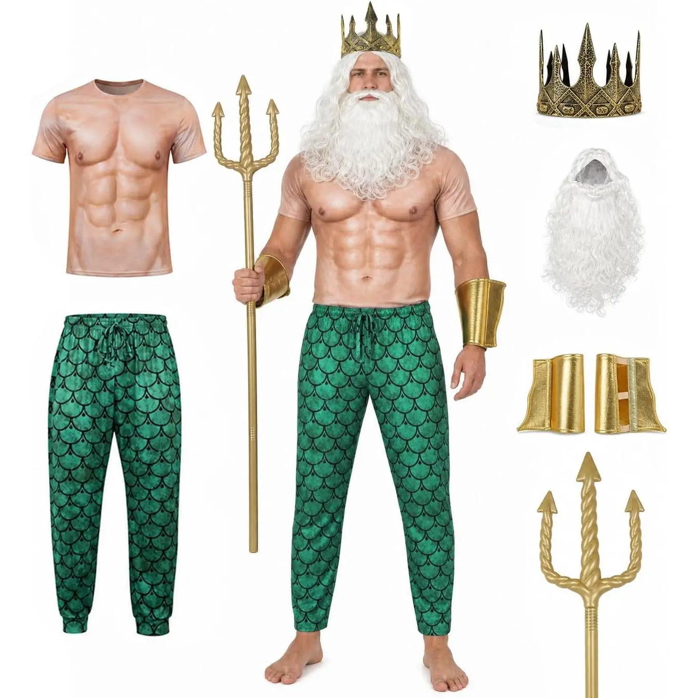 Poseidon Costume for Men, Neptune Sea God Kit with Trident for Halloween