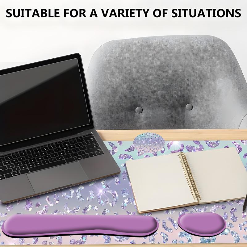Sparkly Leopard-Print Mouse Pad Set, Mouse Pad & Keyboard Wrist Rest & Coaster, Waterproof Office Accessories Set, Non Slip Mousepad