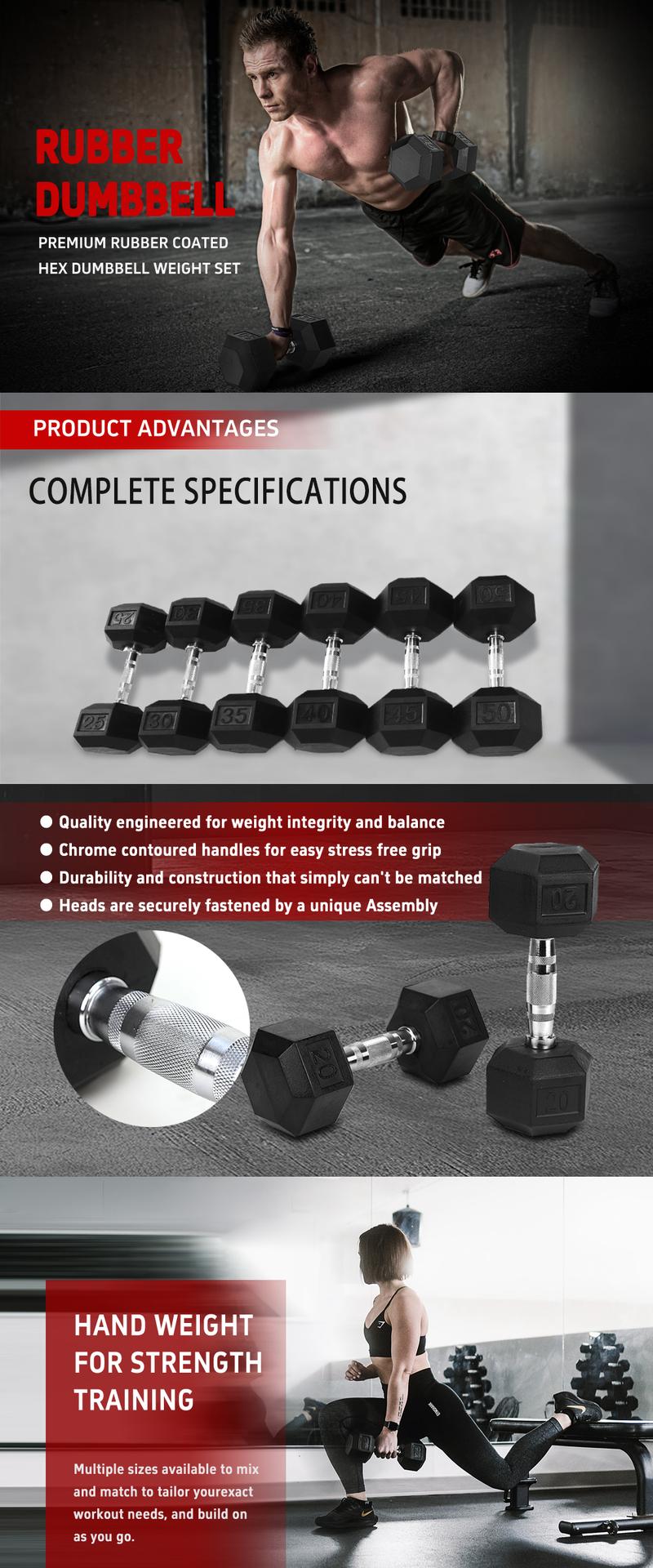 A4A 20LB×2piece HDRS  Rubber Coated Solid Cast Iron Dumbbell with Contoured Chrome Handle, Hexagon Head