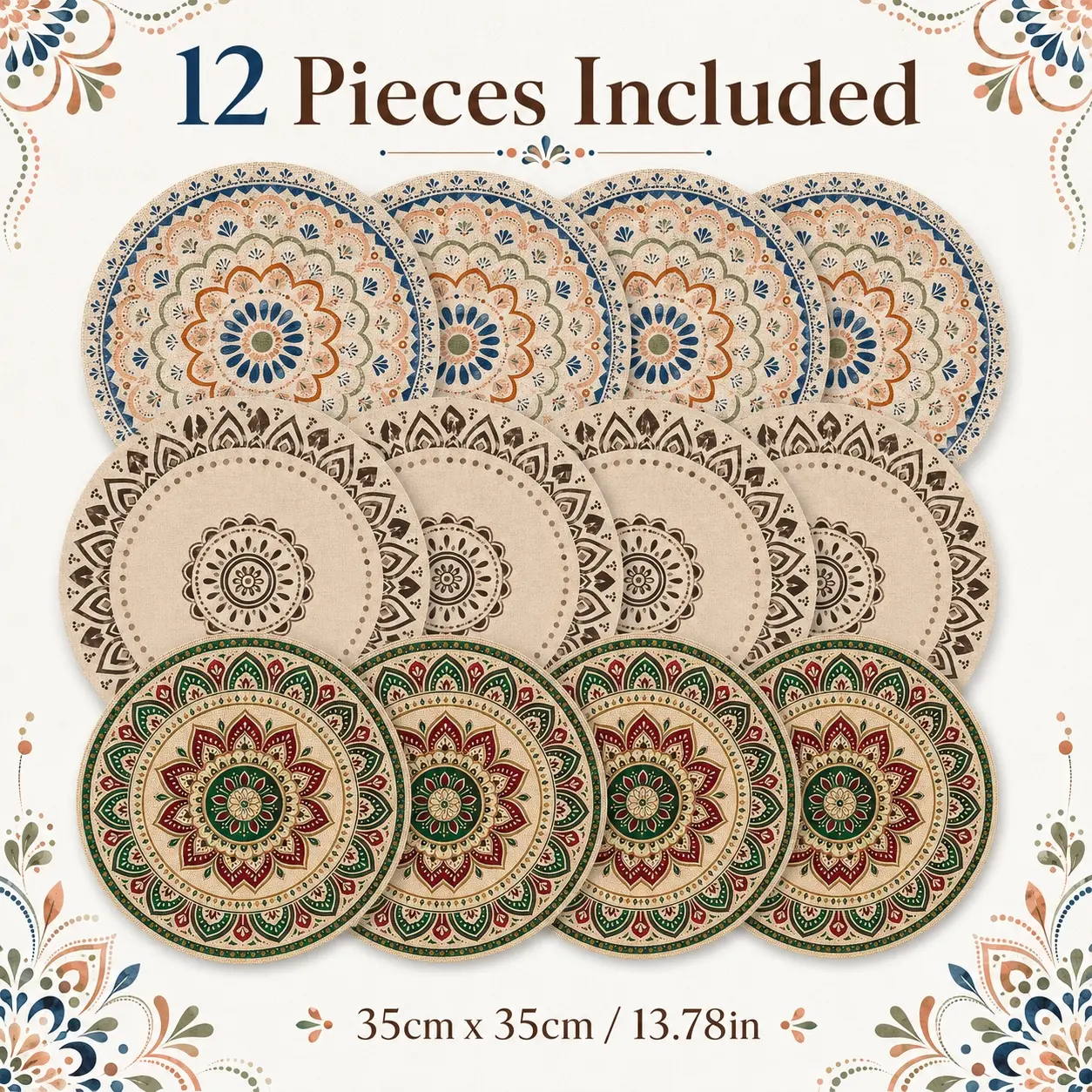 Round Placemats Set of 12, 35cm/13.78in Boho Floral Mandala Table Mats, Vintage Decorative Round Place Mats for Dining Table, Kitchen, Holiday, Party & Home Decor