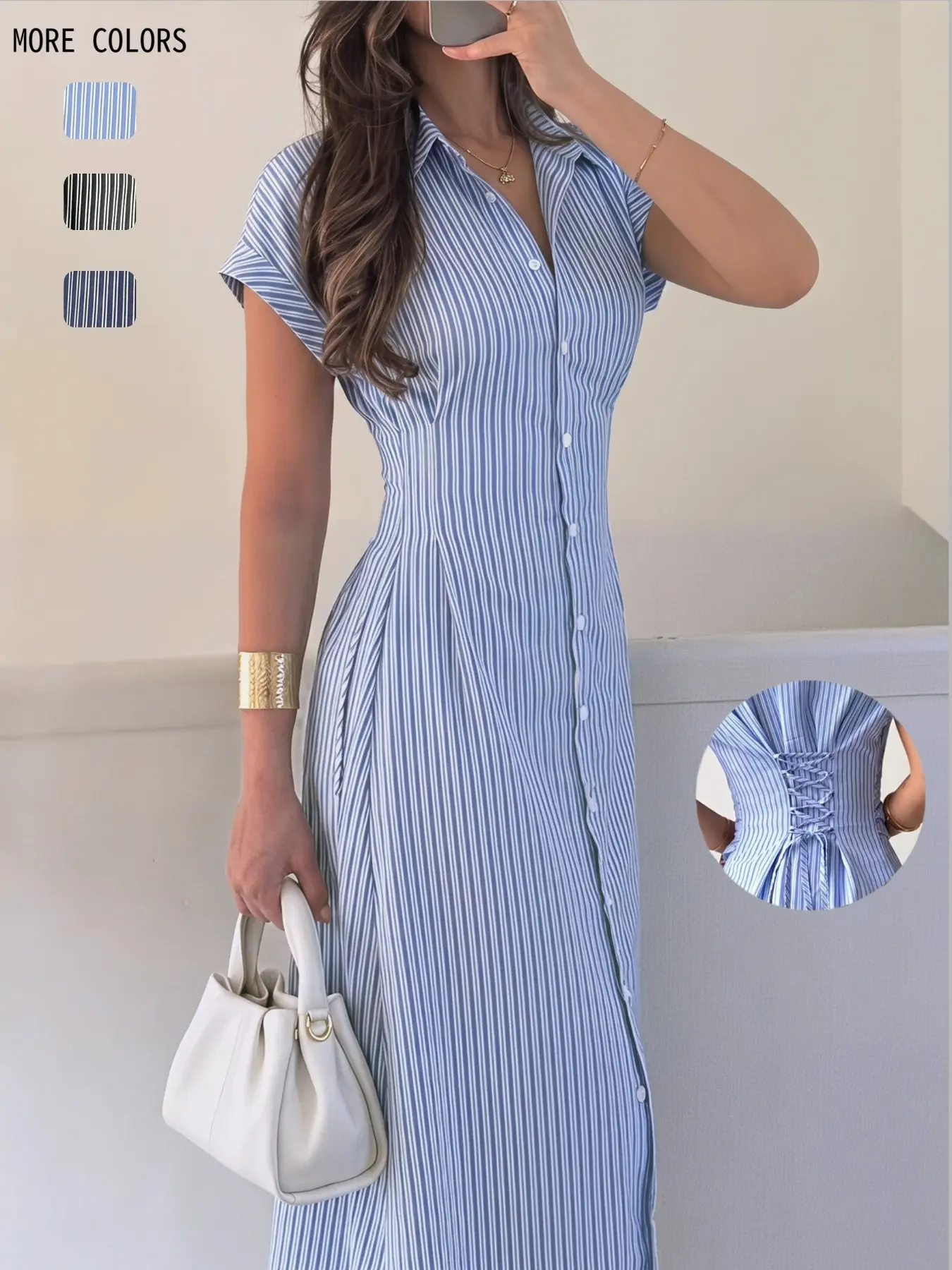 Women's Blue & Striped A-Line Midi Dress, Tie Waist Design Shirt Dress, Casual Commuter Collared Dress, Elegant Office Skirt Summer, Buttoned Dress, Chic
