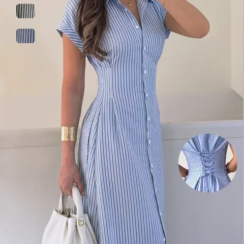 Women's Blue Striped A-Line Midi Dress, Tie Waist Shirt Dress, Casual Commuter Collared Dress, Elegant Summer Office Wear, Casual Summer Dresses