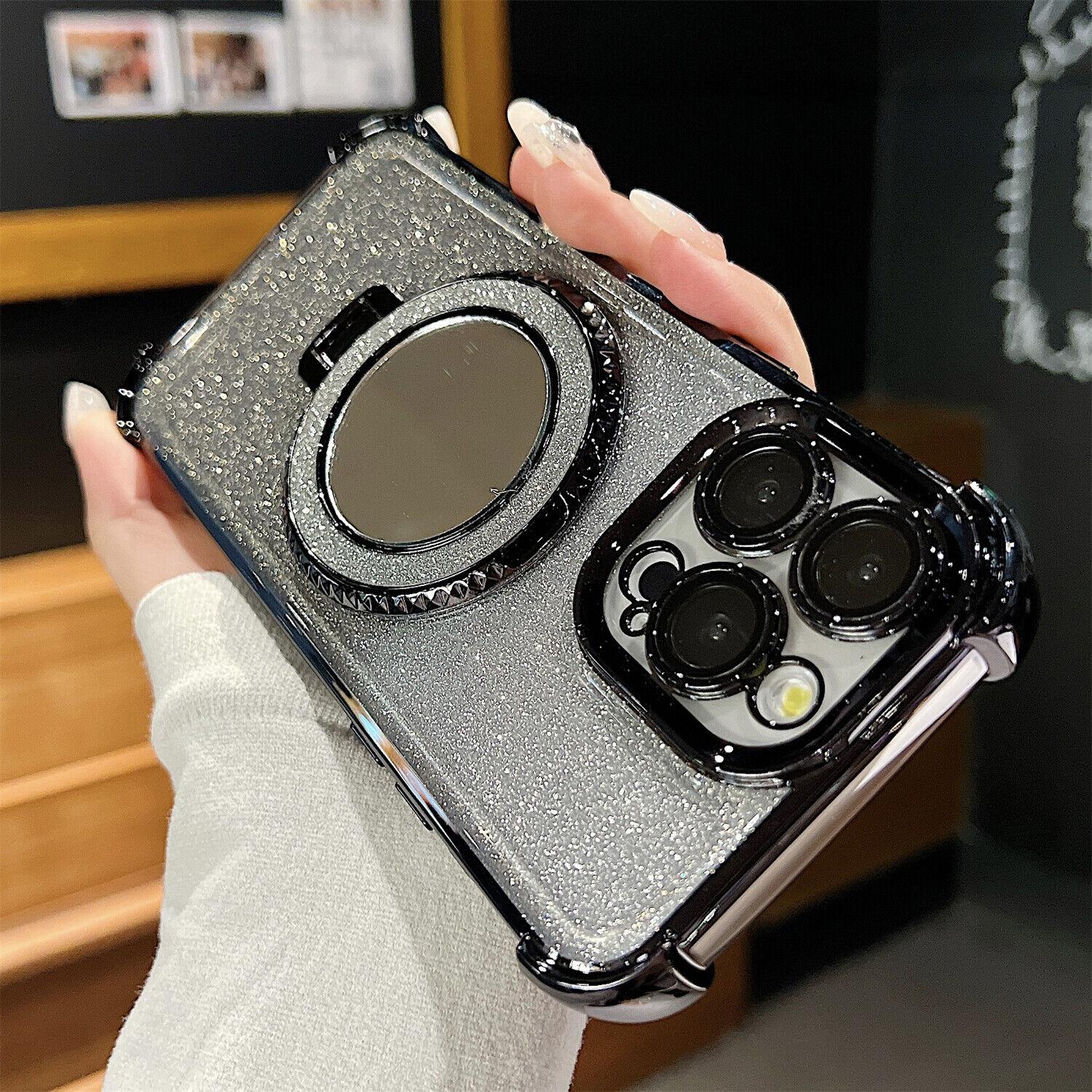 OREKROY Mirror Bling Case Ring Kickstand MagSafe Cover For iPhone 16 Pro Max 15 14 13 12,Anti-fall Shockproof Bling-bling twinkle Phone Cover,Phone Accessories