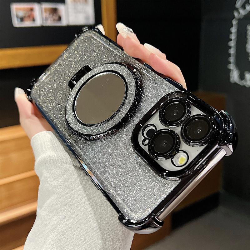 OREKROY Mirror Bling Case Ring Kickstand MagSafe Cover For iPhone 16 Pro Max 15 14 13 12,Anti-fall Shockproof Bling-bling twinkle Phone Cover,Phone Accessories