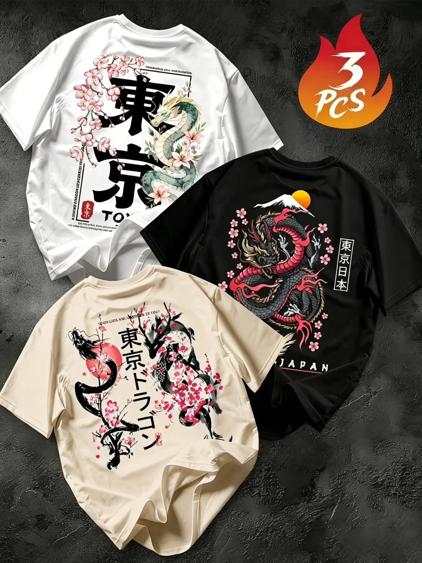 3-Pack Plus Size Men's Loose Fit Back Print Short Sleeve T-Shirts, Japanese Cherry Blossom Print Top, Casual Long Clothing, Streetwear, Menswear, Cultural