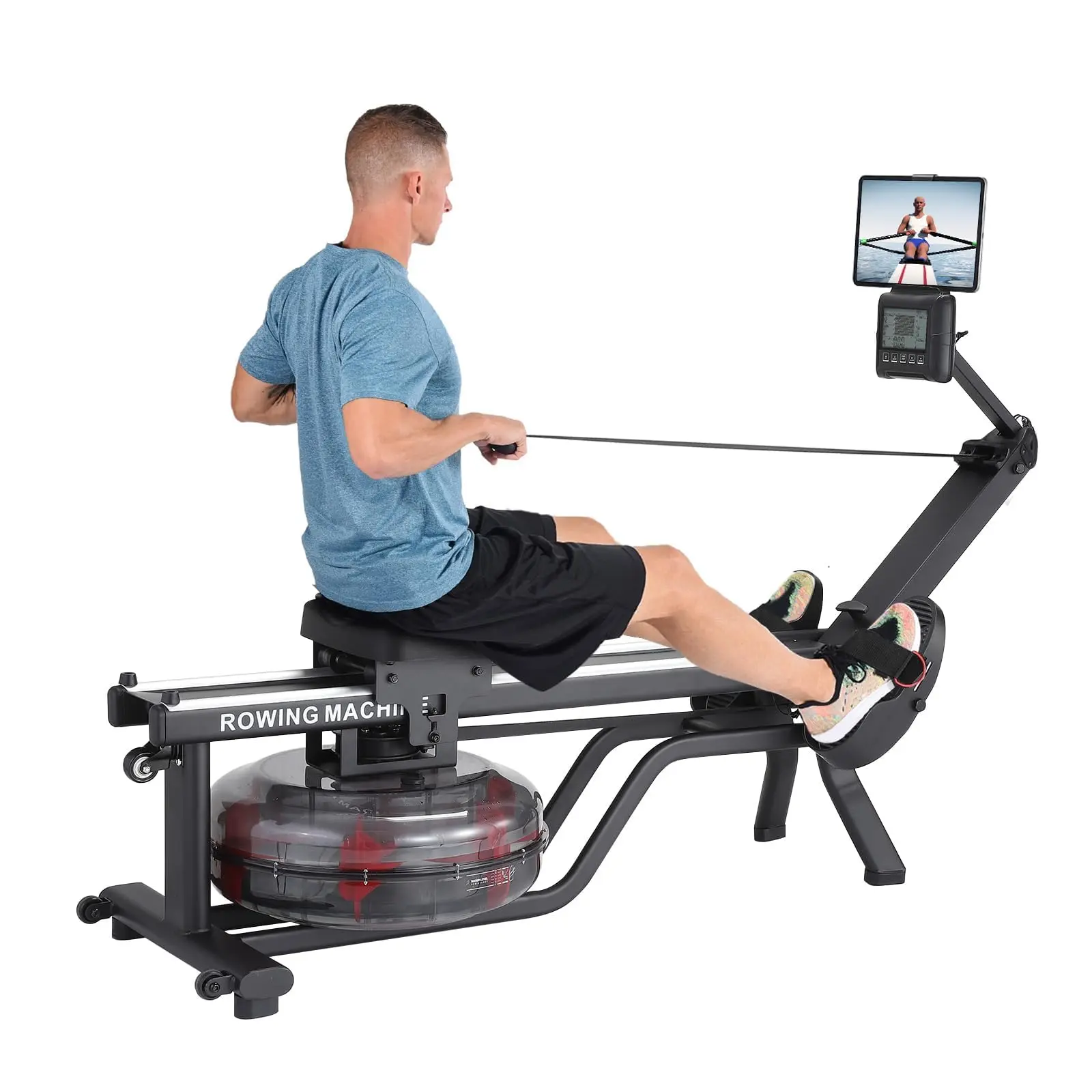 GARVEE Water Rowing Machine for Home Use with Digital Monitor, 380 LBS Capacity, Wide Ergonomic Seat, Tablet Holder, and App Compatibility for Enhanced Workout Experience