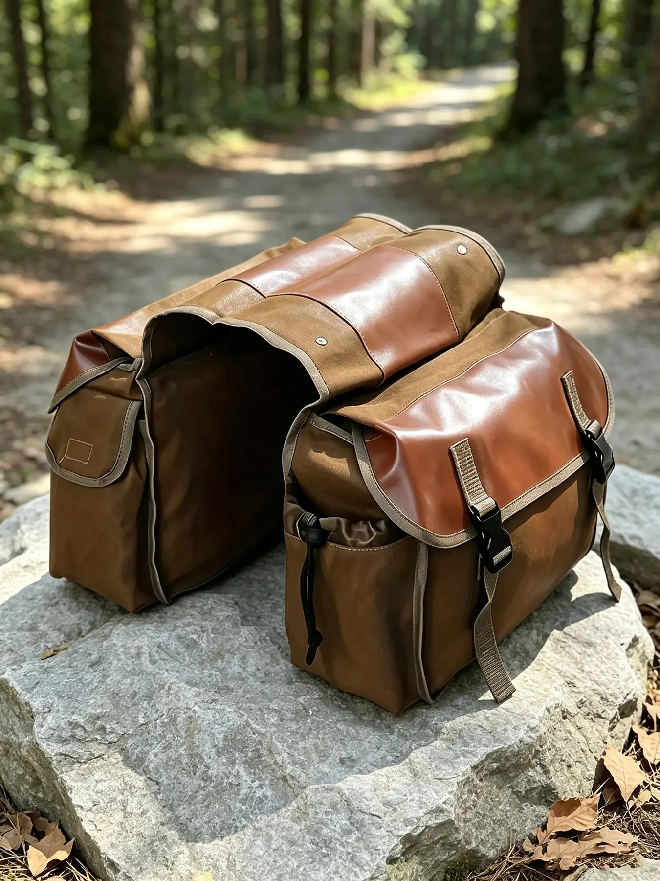 Retro Faux Leather Canvas Bike Rack Bag Dual Side Waterproof Pannier Bag Multi Compartment Storage Luggage with Quick Release Strap for Scooter Motorcycle Outdoor Camping Commute Motorcycle Accessory