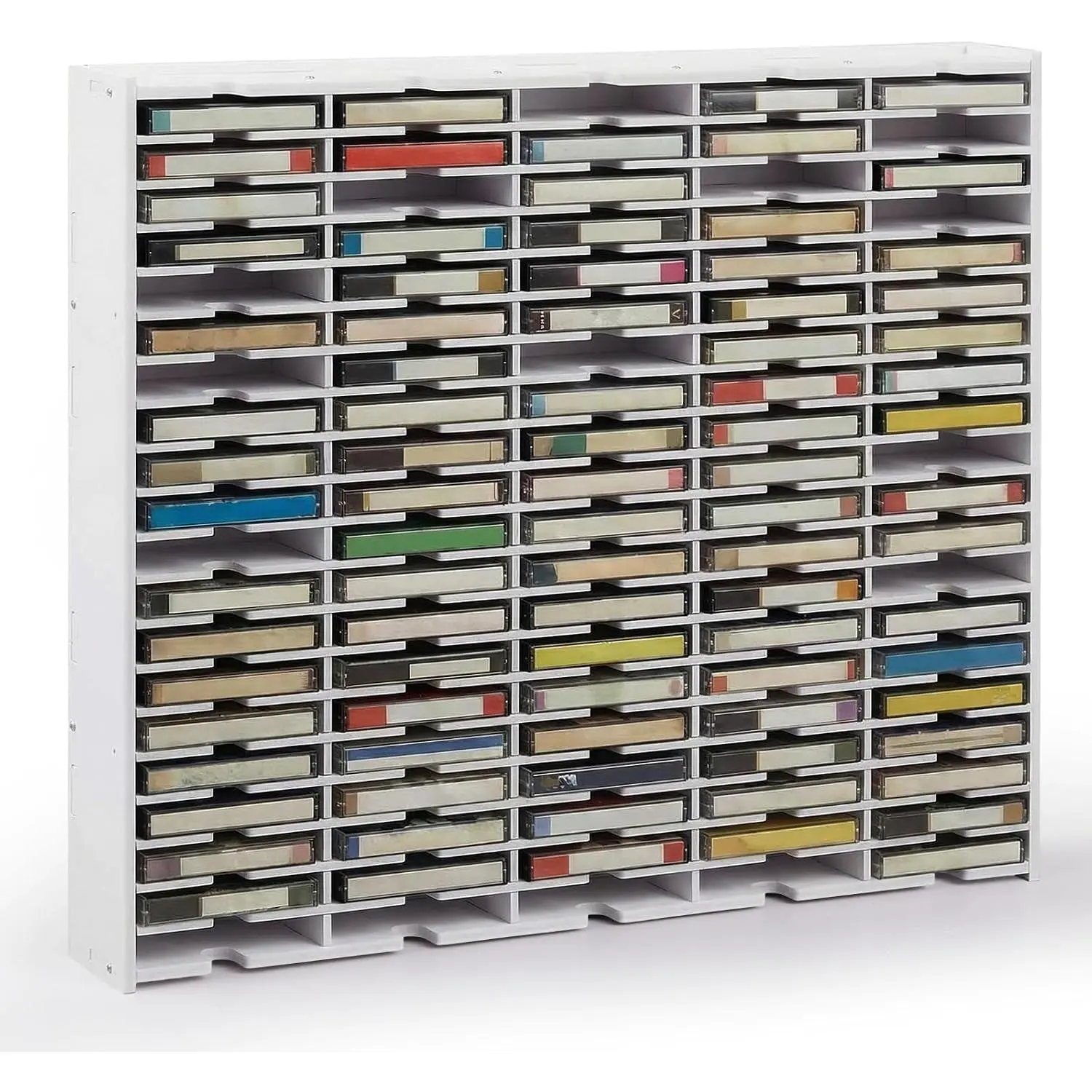 100 Slot Cassette Tape Storage Rack, Wall Mount or Freestanding Audio Tape Organizer, Stackable Desktop Cassette Display Holder for Media Mixtapes Playing Cards Collectors Gifts