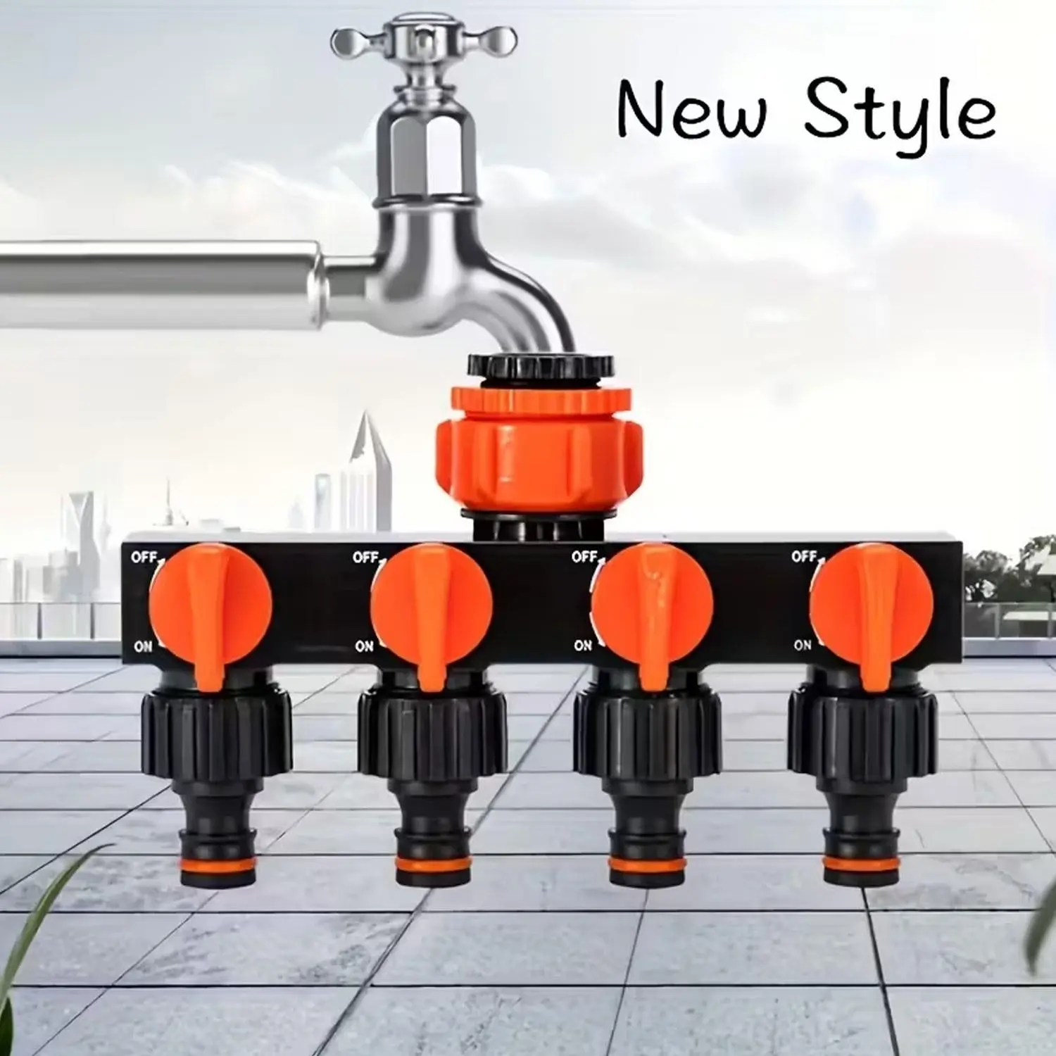 4-way garden hose diverter, equipped with 4 independent switches, allowing individual control of each water line. It features a leak-proof design and is used as a faucet adapter connector, suitable for lawn watering, garden gardening, vehicle washing, and
