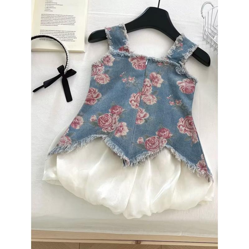 New(New)Summer French Sweet Style Sleeveless Denim Print Camisole + Solid Color Tulle Pants 3-7 Year Old Girls' Two-Piece Set with Irregular Hem + Frayed Edge Decoration