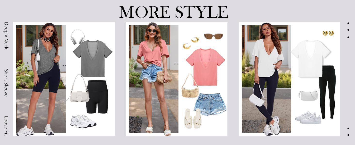 Imily Bela Womens Sexy Deep V Neck T Shirt Short Sleeve Tops Basic Tees Casual Loose Shirts