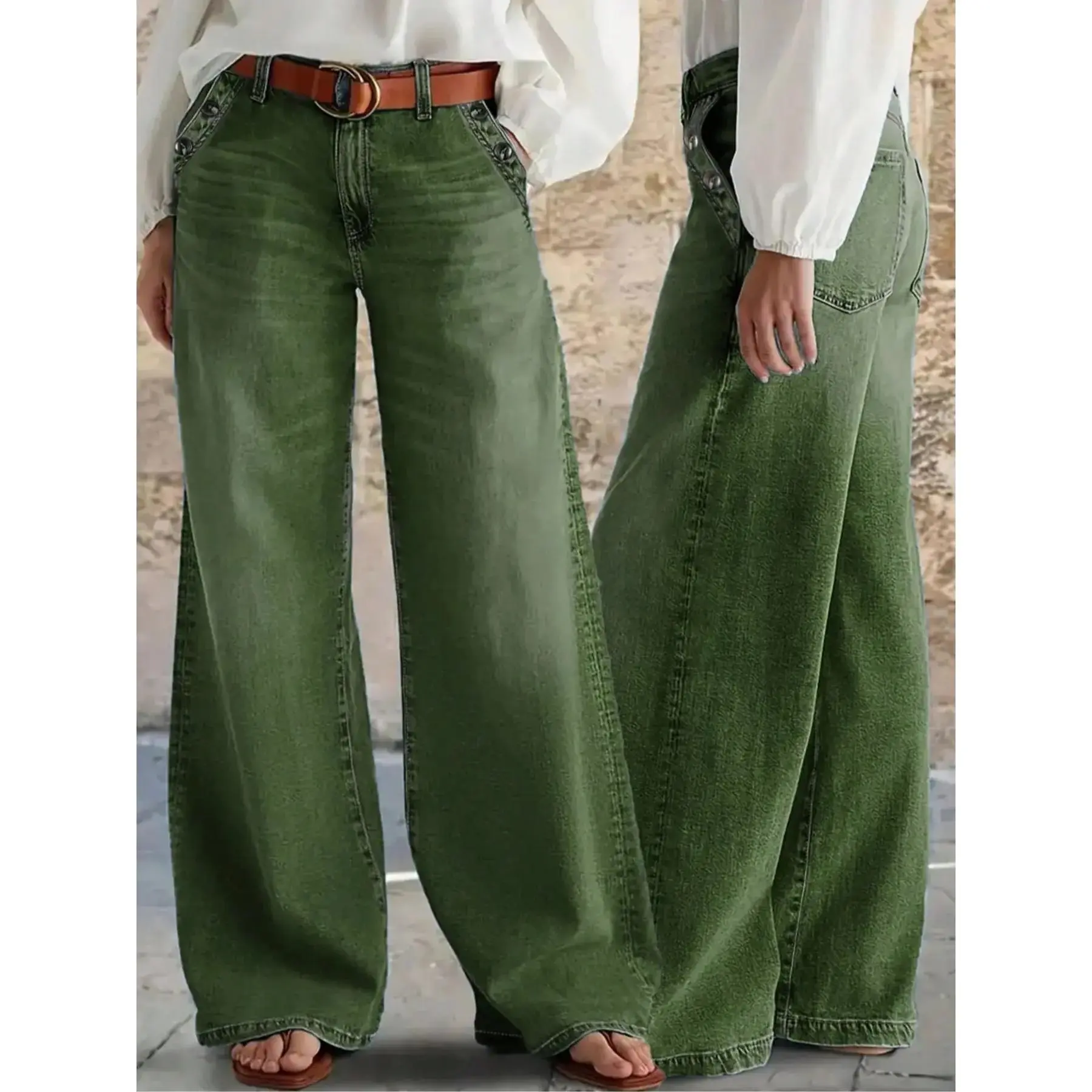 New Women’s Multi-Button Wide Leg Casual Jeans, High-Quality Stylish and Comfortable Denim Pants for Everyday Outfits, Starched Jeans, Trouser