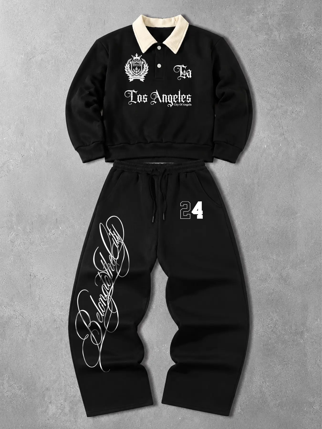 Men's Y2K Gothic Streetwear Polo Sweatsuit Set - Loose Fit Black Long Sleeve Sweatshirt & Baggy Sweatpants 2 Piece Outfits for Fall Winter