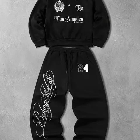 2-Piece Vintage Polo Collar Long Sleeve Sweatshirt and Wide Leg Sweatpants Set, Graphic LA Print Athletic Casual Matching Outfit, Matching Outfits Set
