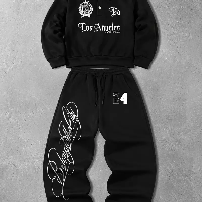 2-Piece Vintage Polo Collar Long Sleeve Sweatshirt and Wide Leg Sweatpants Set, Graphic LA Print Athletic Casual Matching Outfit, Matching Outfits Set