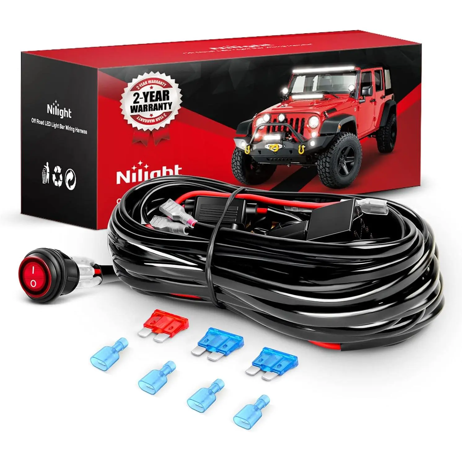 Nilight NI-WA 06 LED Light Bar Wiring Harness Kit - 2 Leads, 12V On-Off Switch, Power Relay, Blade Fuse, 12V Compatibility, Car Accessories for Off-Road Work Lighting, Led Car Ambient Light, Automotive