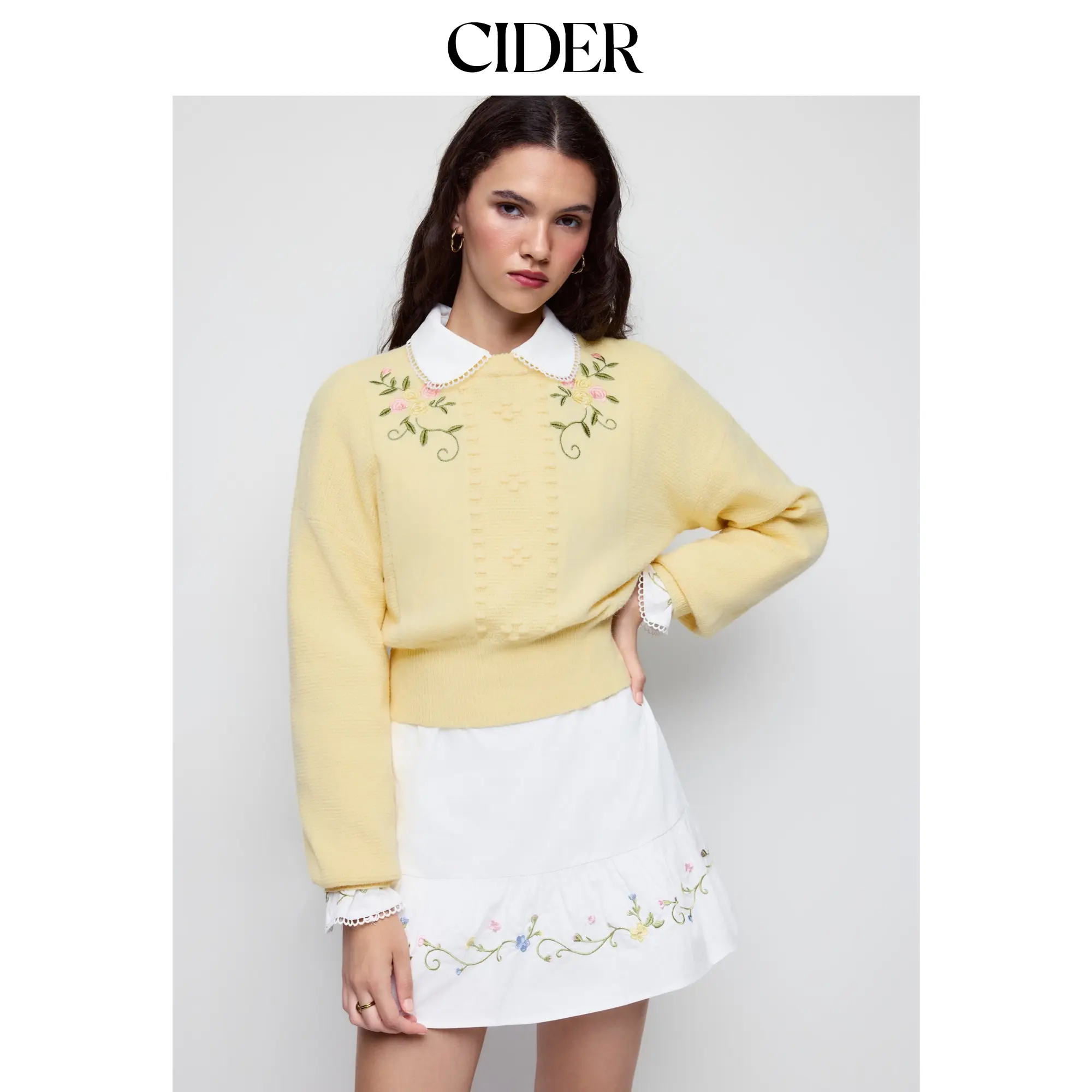Cider Knit Floral Graphic Embroidery Long Sleeve Sweater