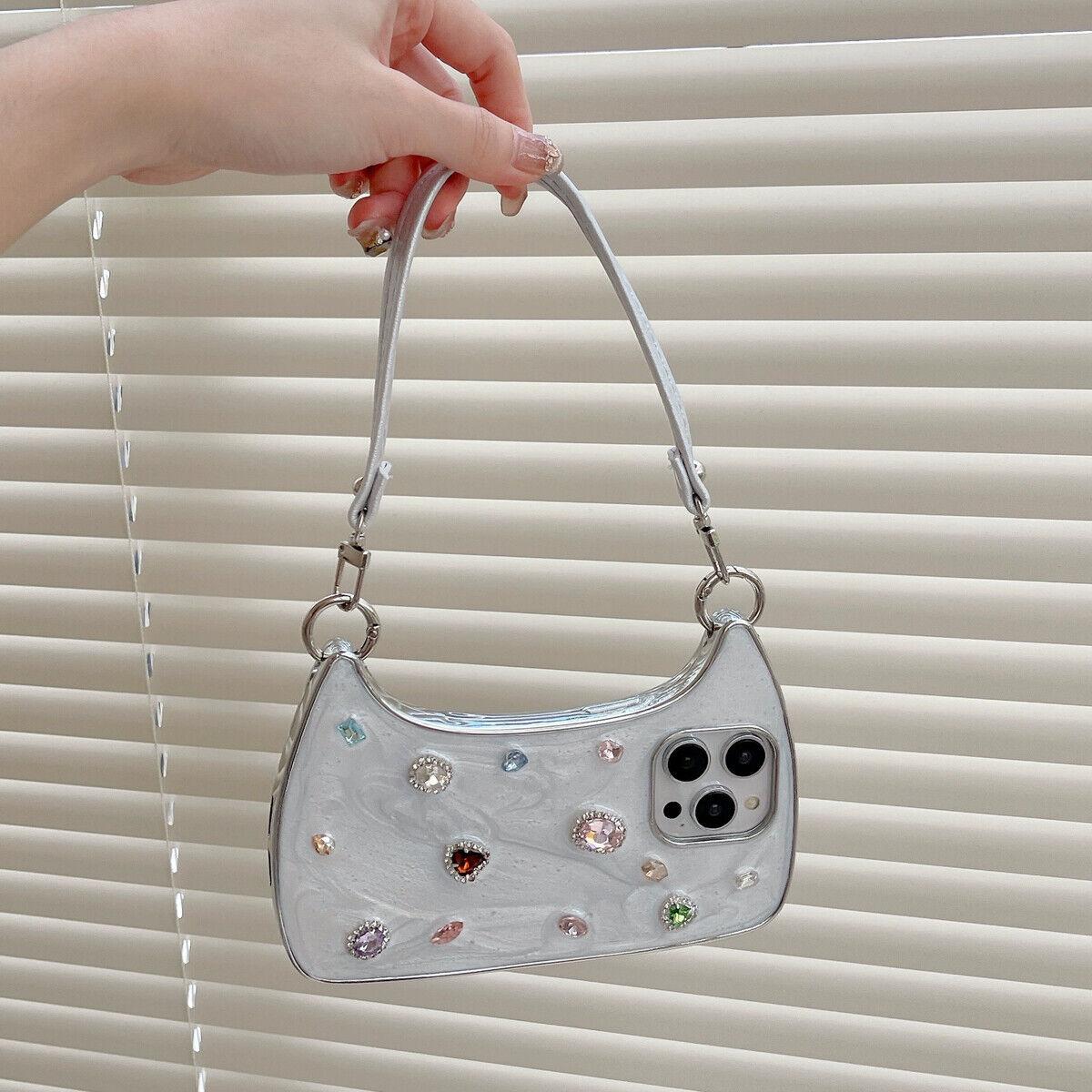 [Free !ship] ( Hand Lanyard ) Glitter Bling Diamond & Heart Sparkle Case for iPhone 17 Pro Max 16 15 14 13 Pro Max for Women Girls Crystal Wristband Bracelet Shockproof Cute Pretty Love Luxurious 3D Rhinestone Decorate Silicone Soft Shell Back Cover