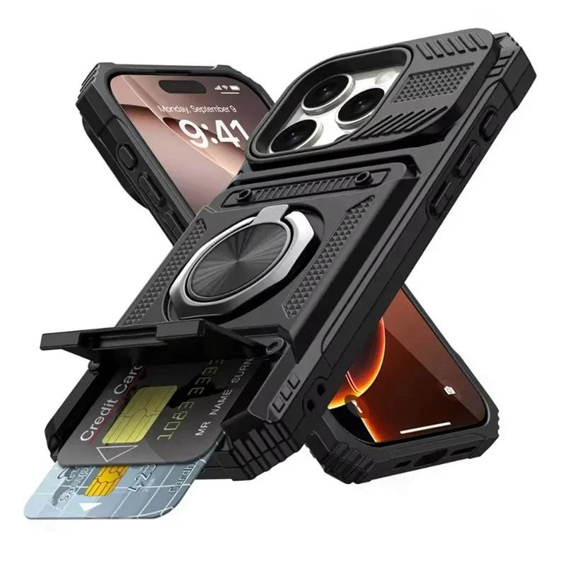 Heavy Duty Magnetic Rotated Ring Holder Phone Case For IPhone 17 Air 16 15 14 Plus 13 Pro Max Anti-Drop Wallet Protection Cover