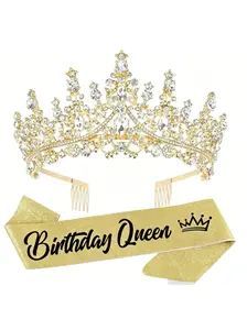 2026 Baroque Rhinestone Birthday Queen Accessory Set - Sports Headband Crown Tiara, Sash With Pin, Shiny Decorations, Comfortable Wear for Birthday Parties, Elegant Celebration Accessories