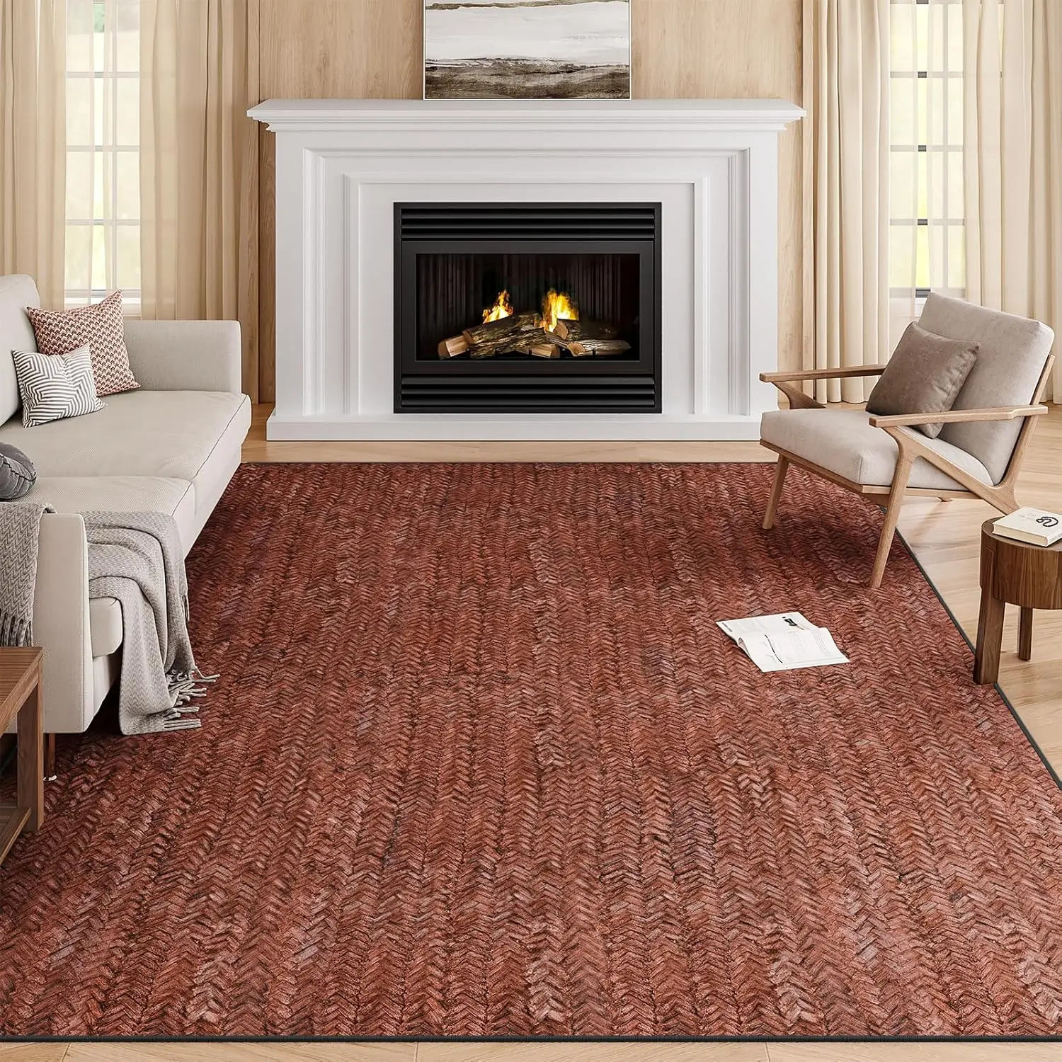 5' x 7' Rectangular Low Pile Herringbone Chevron Area Rug - Contemporary Home Decor, Non-Slip Stain Resistant Washable Indoor Use Carpet for Living Room, Bedroom