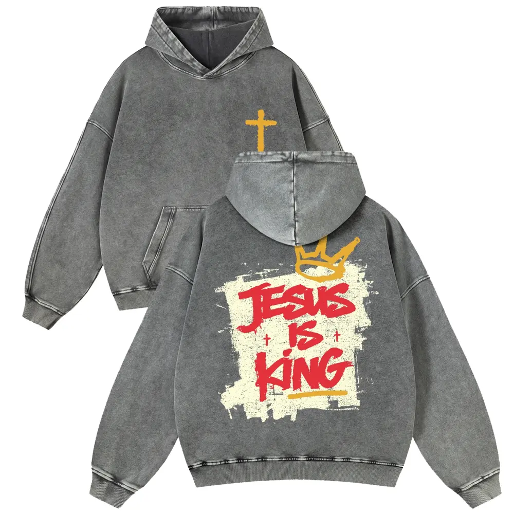 Men's Vintage Washed Jesus Is King Graphic Hoodie - Heavyweight Oversized Christian Faith Cross Pullover, Unisex Streetwear Tops with Durable Fabric & Relaxed Fit for Spring Casual Wear, Cotton, Long Sleeve, Jeans, Oversized Fit