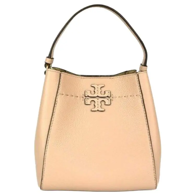Tory Burch McGraw Small Leather Bucket Bag for Women – Goan Sands Textured Calfskin with Double-T Logo