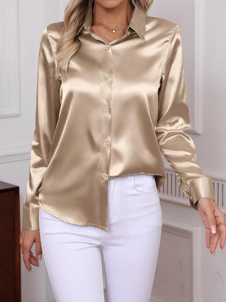 Women's Plain Satin Shirt, Elegant Long Sleeve Button Top for Work Office Business, Ladies Clothes for All Seasons, Womenswear