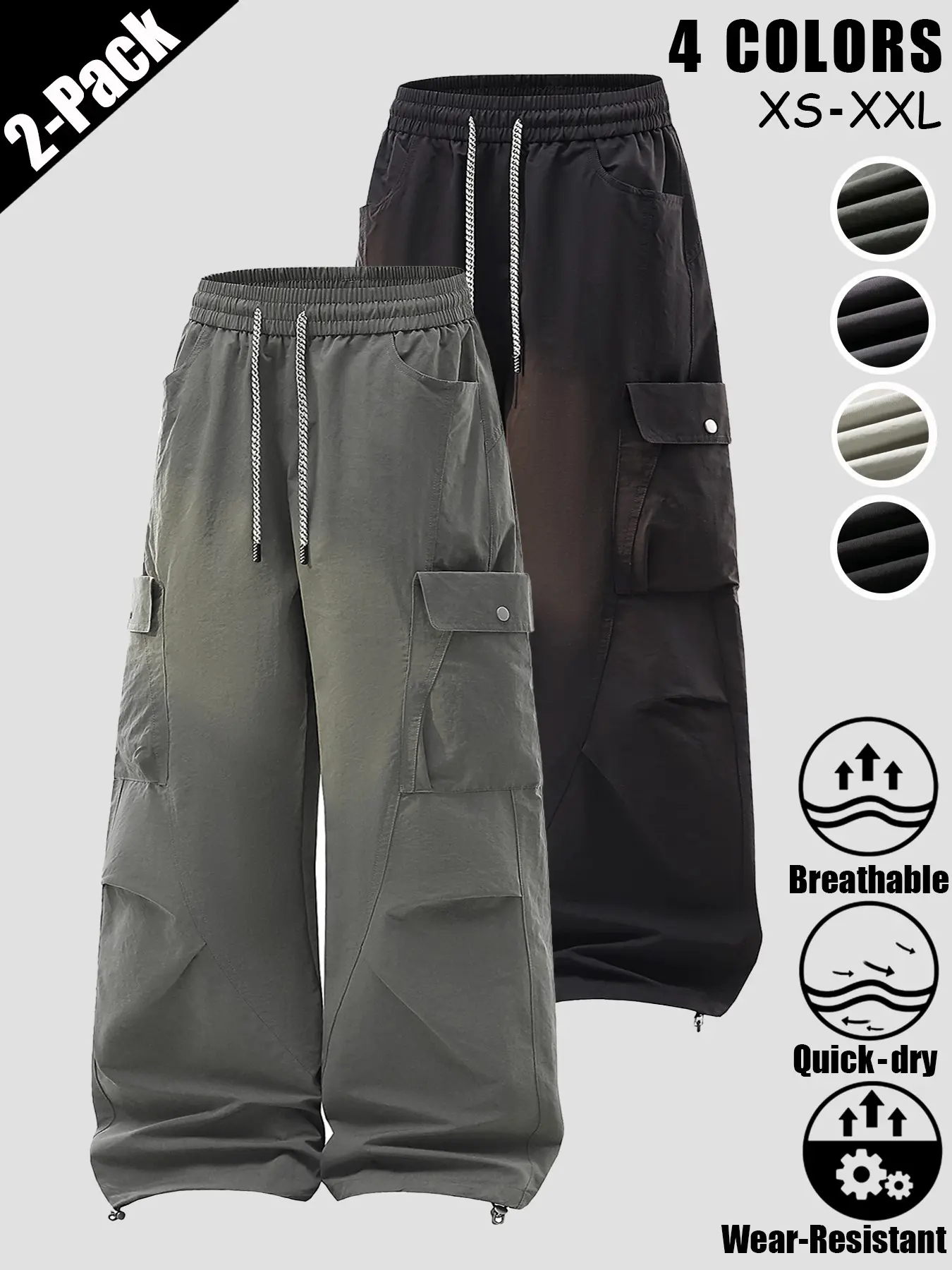 2-Pack Unisex Fashion Casual Curved-Leg Outdoor Pants Loose Breathable Wear-Resistant Wrinkle-Resistant Waterproof Windproof Long Trousers Drawstring Waist Multi-Pocket Couple Casual Pants For Daily Commute Wild Trips Hiking Mountaineering