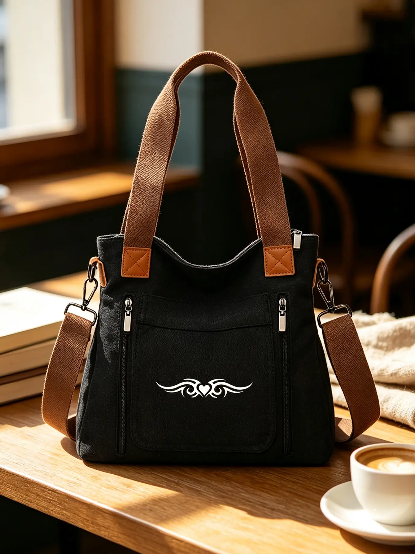 Heart & Wing Print Tote Bag, Large Capacity Multi-Compartment Shoulder Bag with Adjustable Wear-Resistant Straps, Soft Cute Aesthetic Unisex Commuter Bag, Perfect Daily & Halloween Gift for Commuting, School, Shopping and Trips
