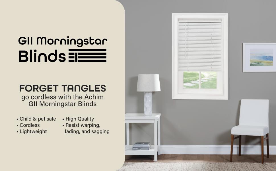 Cordless Light Filtering Mini Blind - 23 Inch Width, 42 Inch Length, 1" Slat Size - Pearl White - Cordless GII Morningstar Horizontal Windows Blinds for Interior by Achim Home Decor