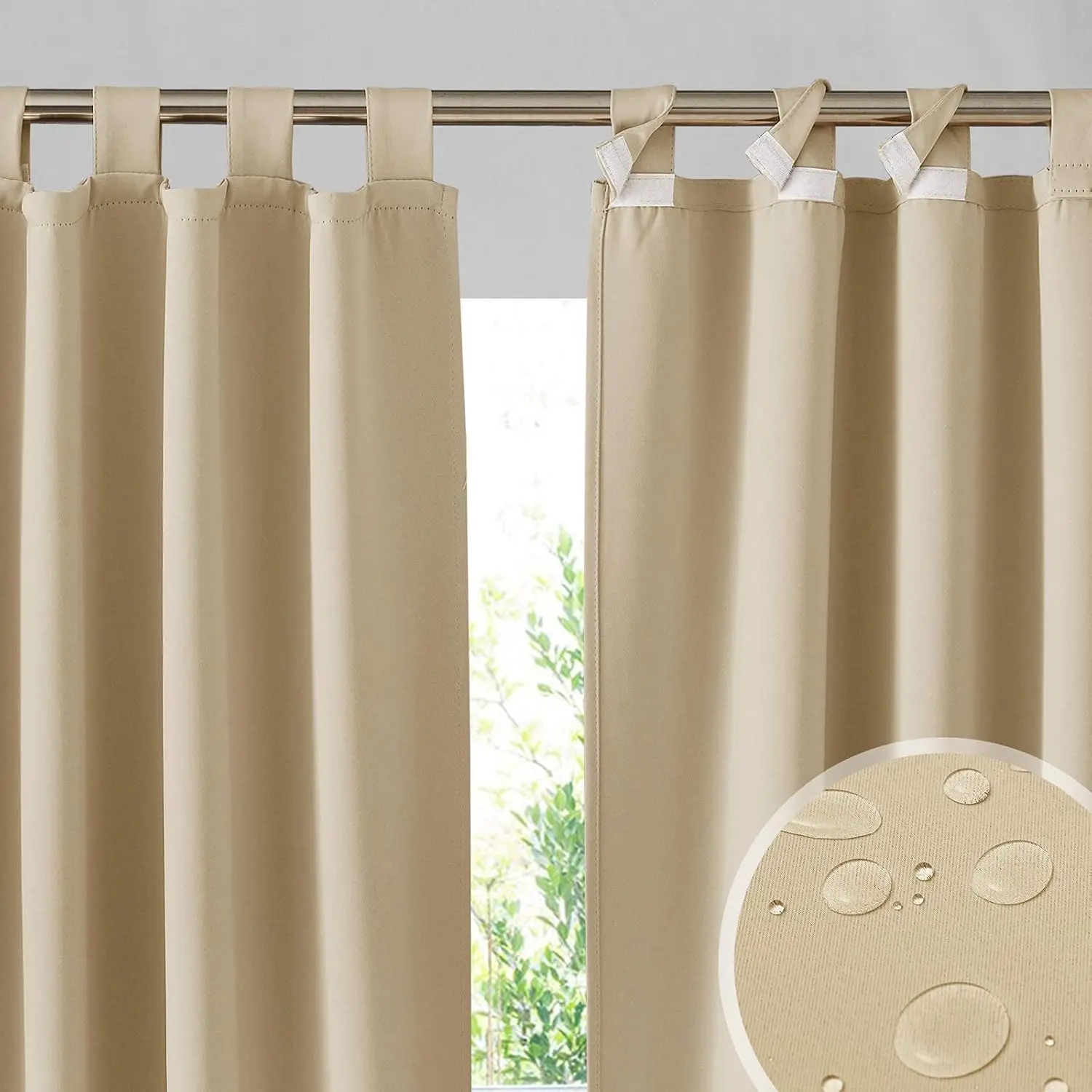 High-Quality 2-Panel Thick Triple Weave Fabric Sticky-Top Curtains - Waterproof, Sun-Blocking, Thermal, Privacy-Assured, UV Protection, Low-Temperature Dryable, Neutral Beige (W52 x L84) for Porch/Balcony Outdoor Spaces [Fits 100"+ or Larger Areas]