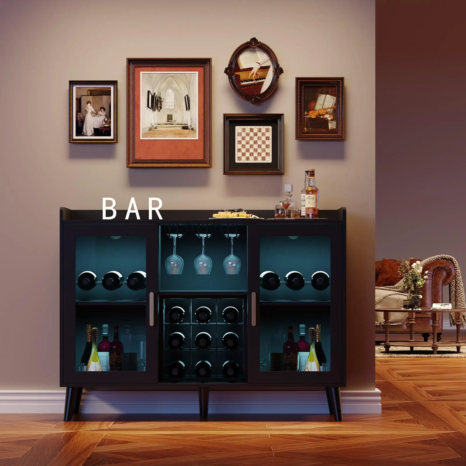 Garvee Wine Bar Furniture 120x40x90 cm with LED Lights and Glass Doors - Wooden Coffee Station with Wine Rack for 18 Bottles and Glass Holder - Modern for Living Room, Kitchen, and Dining Room