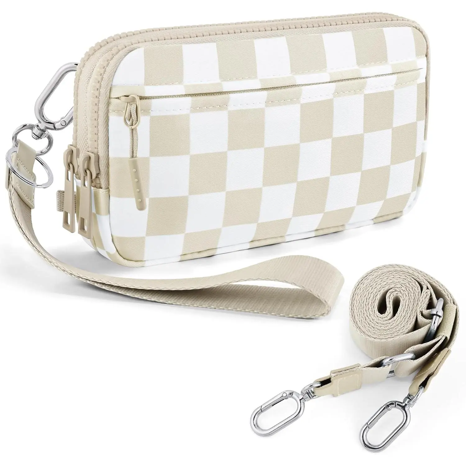 Checkered Compact RFID WristleWallet for Women - 4-Zipper Crossbody Wallet, Credit Card Holder & Cell Phone Organizer