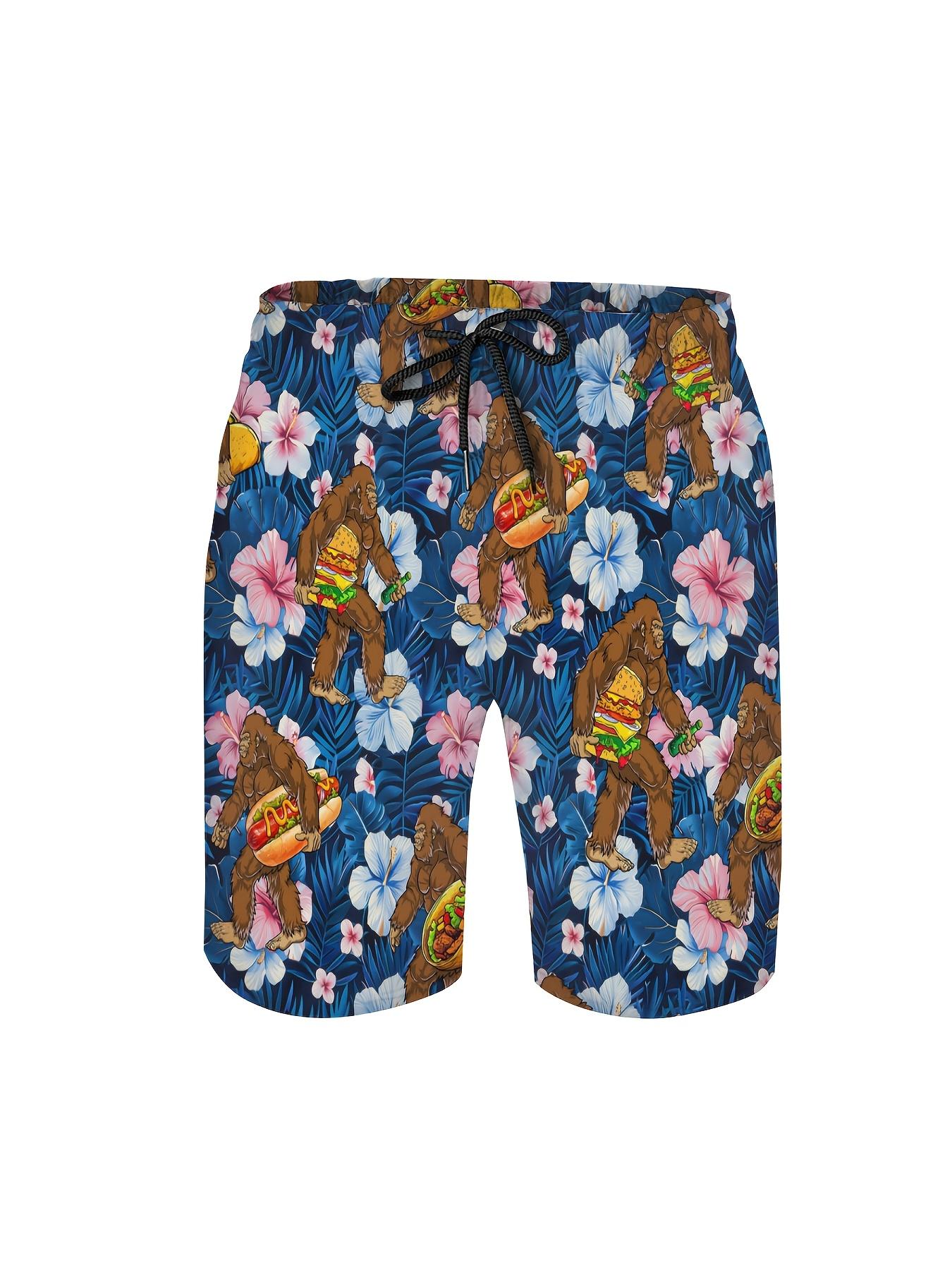 3pcs Men'S Hawaiian Shirt And Short Set, Sasquatch Tropical Plants Flamingos Soft Fabric Breathable Shirt Button Short Sleeve Casual Beach Shirts Outfits With Bucket Hats