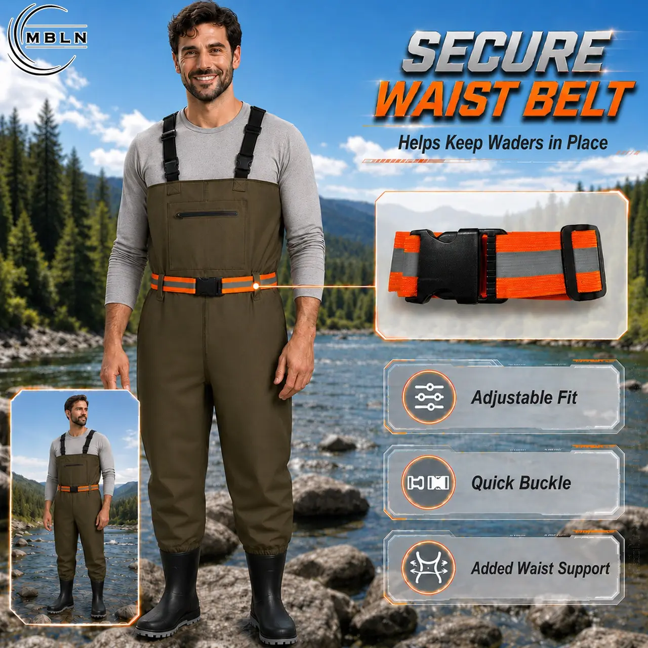 Fisherman Wading Pants with Boots, Waterproof PU Material, Adjustable Straps, Large Pockets, Non-Slip Sole, Outdoor Gear
