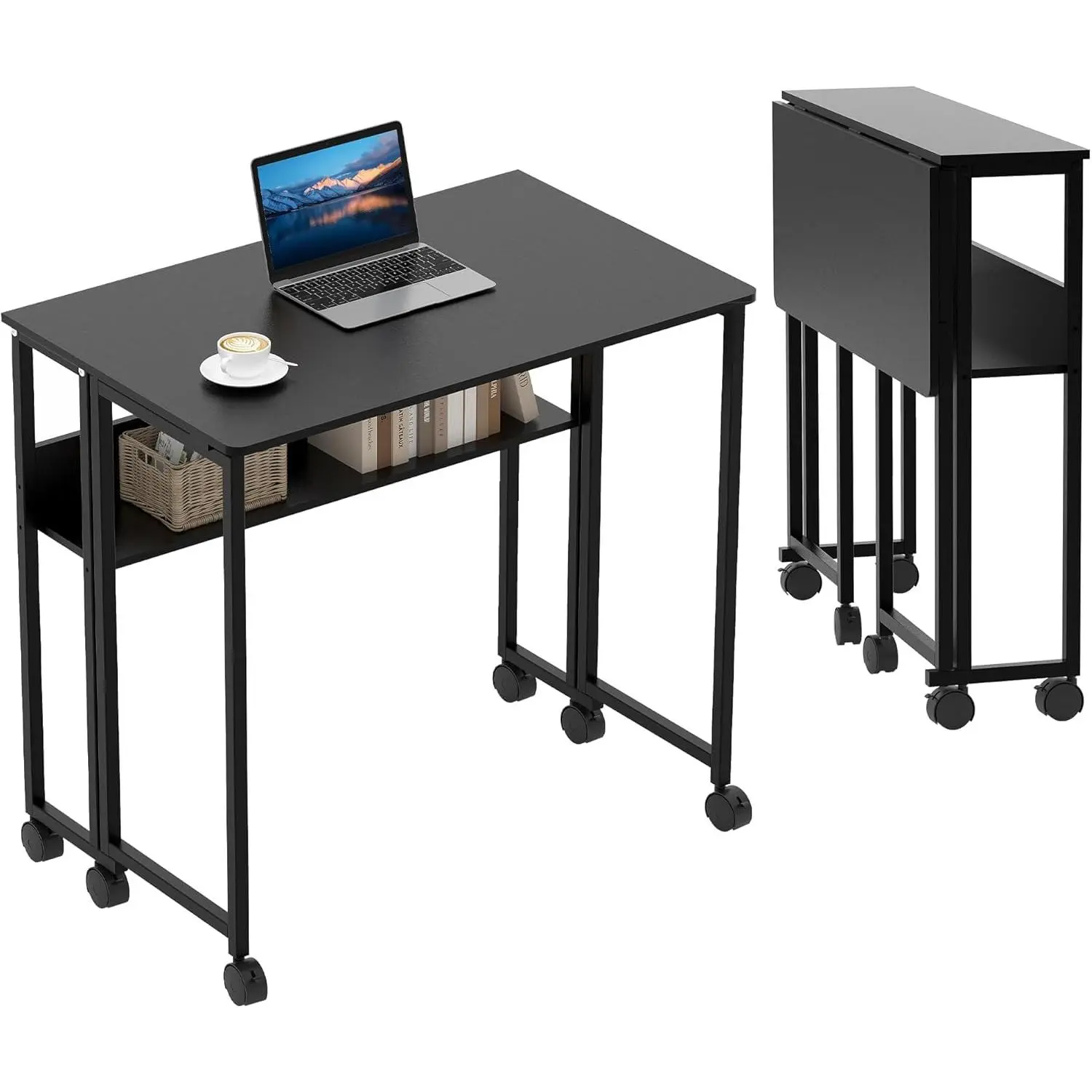 Folding Computer Desk with Rolling Wheels, Compact Space Saving Table with Storage Shelf, Easy Assembly Sturdy Frame for Home Office Bedroom Study Gaming Small Spaces