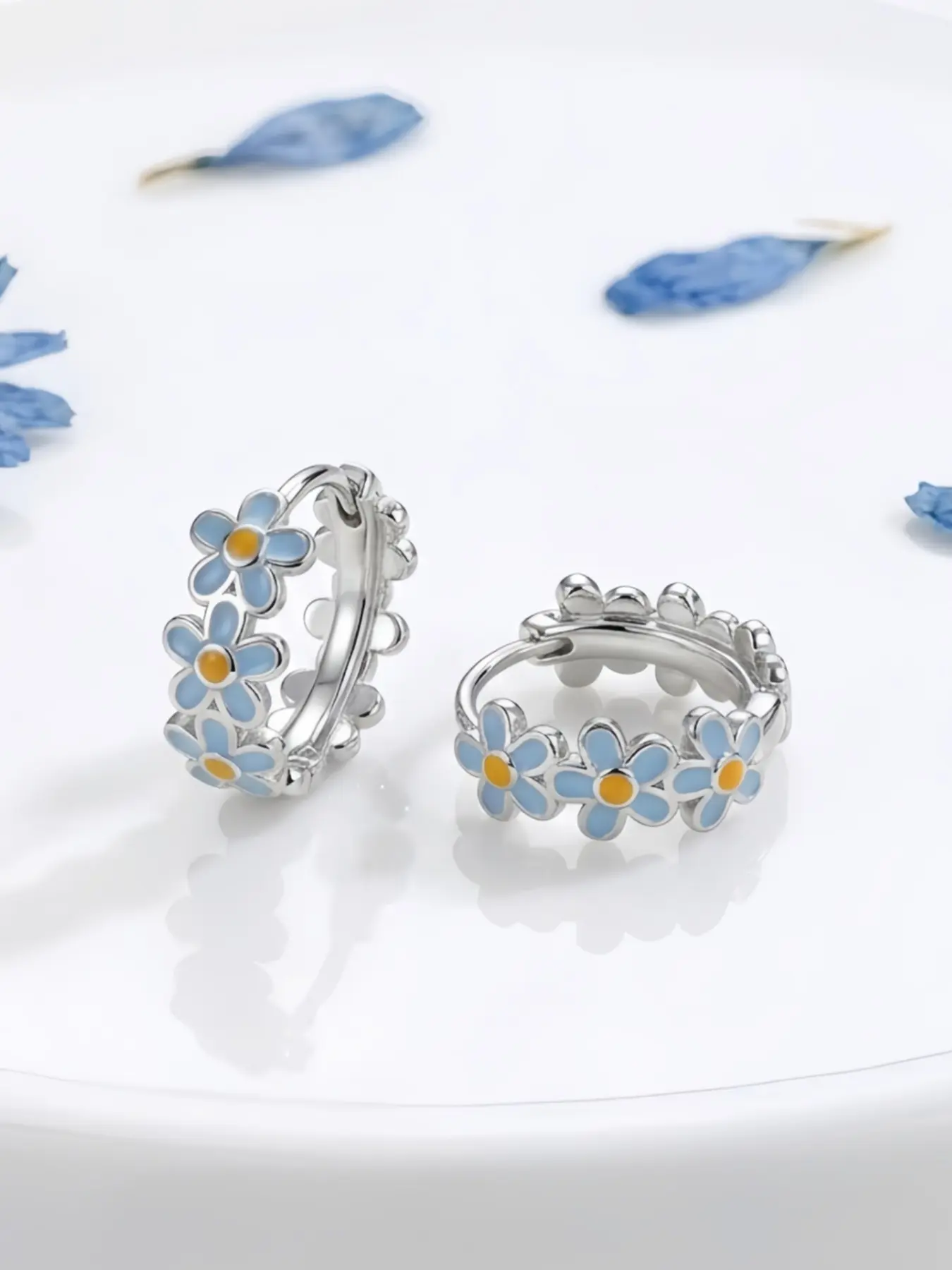 Korean Style White Floral Hoop Earrings | Tiny Dainty Daisy Huggies Minimalist Fashion Jewelry Summer Vacation Ear Jewelry