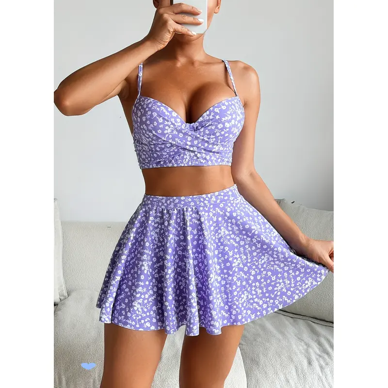 New Floral Print Hard Cup Underwire Push-Up Cross-Strap Skirt 3pcs Bikini Swimsuit for Beach, Seaside, Leisure, Vacation, and Hot Spring