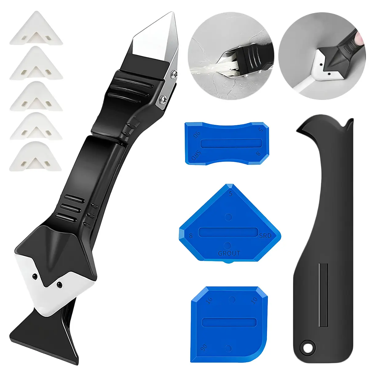 Silicone Caulking Tools 3 in1 Grout Removal Tool with Stainless Steelhead&Grout Remove Scraper,4 Silicone Replaceable Pads,4 Glass Glue Angle Scraper, Caulk Remover for Kitchen/Bathroom/Window/Joint