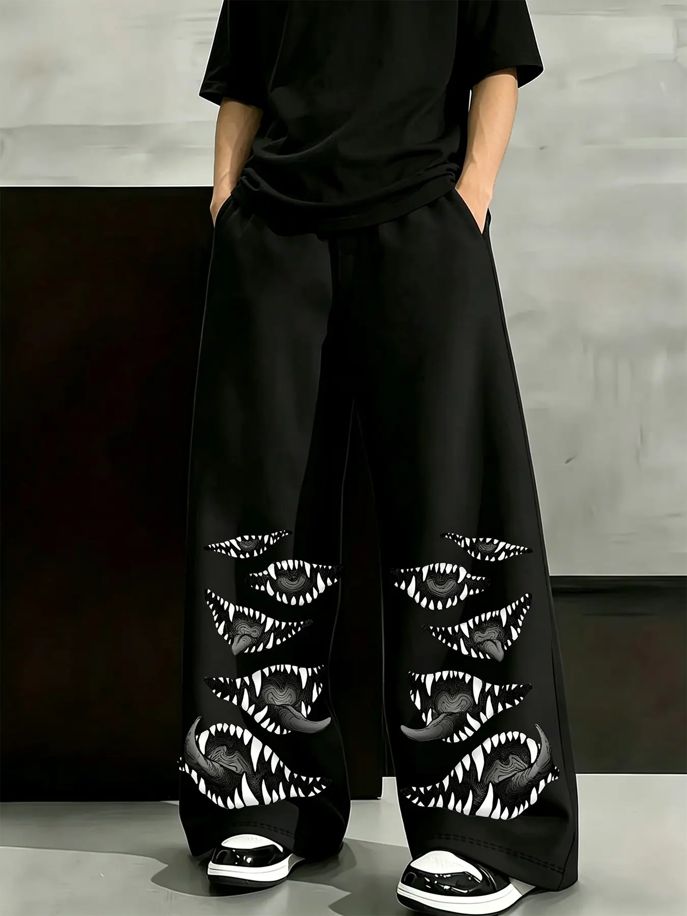 Unisex Dark Aesthetic Monster Fangs Graphic Wide Leg Sweatpants Gothic Baggy Loose Streetwear Trousers Multi Color
