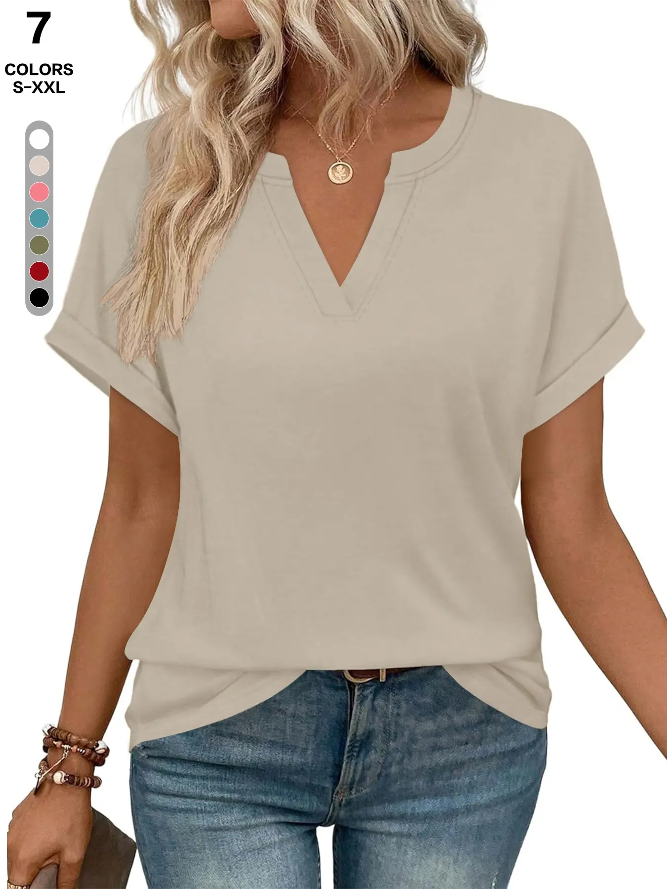 Wrinkle-Free Women's V-Neck T-Shirt, Tee, Split Notch, Hidden Slit, Casual Basic Fall Top, Slim Waist, Short Sleeve, Trendy Ootd