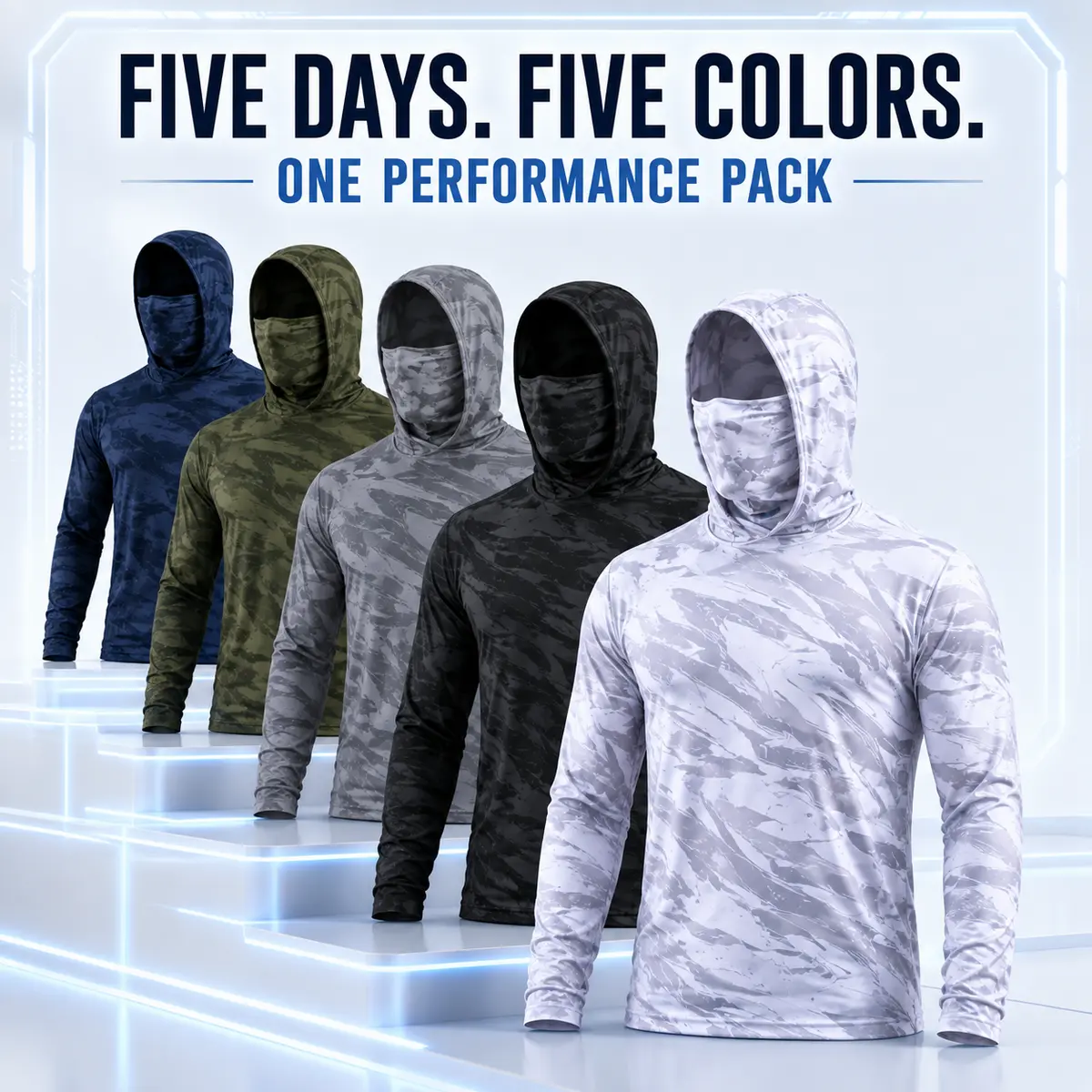 5 pack camo hoodies for men with face mask, upf 50+ sun protection long sleeve fishing shirts, quick dry breathable hunting tops, 4 way stretch polyester outdoor activewear, summer lightweight tactical clothing set, moisture wicking workout apparel