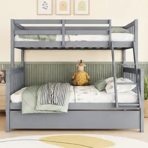 ARCH Twin Over Full Rubber Wood Bunk Bed with Trundle, Convertible Detachable Beds, Reversible Ladder, Guardrails, Grey Finish, Space-Saving Kids Bedroom Furniture, Guest Room Sleep Solution, Sturdy Slat Support, Contemporary Style