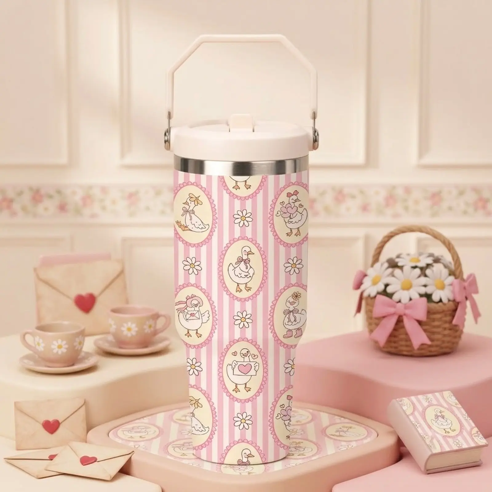 30oz Cute Duck Straw Tumbler with Handle, Coquette Aesthetic Pink Daisy Insulated Coffee Mug, Vintage Preppy Stainless Steel Water Bottle, Leakproof Christmas Stocking Stuffer Birthday Gift for Her, Fits Car Cupholder