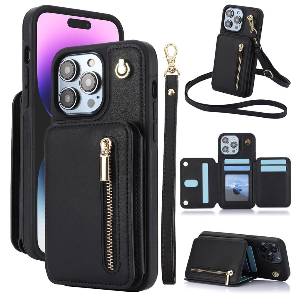 for iPhone 17 Pro Max 16 15 14 13 12 11 Lanyard Leather Zipper Wallet Card Phone Case Hand Rope Cover PU Leather Flip Cover with Hand Strap, with Strap Credit Card Slots Crossbody with Zipper