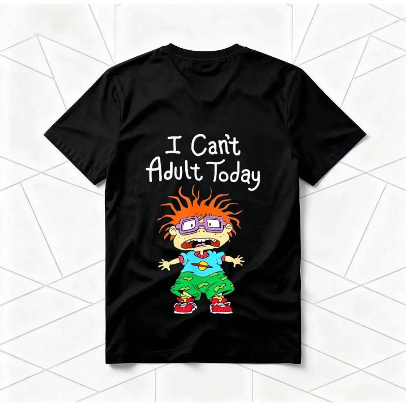 "I Can't Adult Today" Rugrats Cartoon American Retro Black Short-Sleeved Unisex T-Shirt, Nostalgic 90s Character Graphic, Casual Streetwear for Cartoon & Meme Enthusiasts, Unique Quirky Pop Culture Fashion Statement Piece Game funny crewneck menswear Fabr